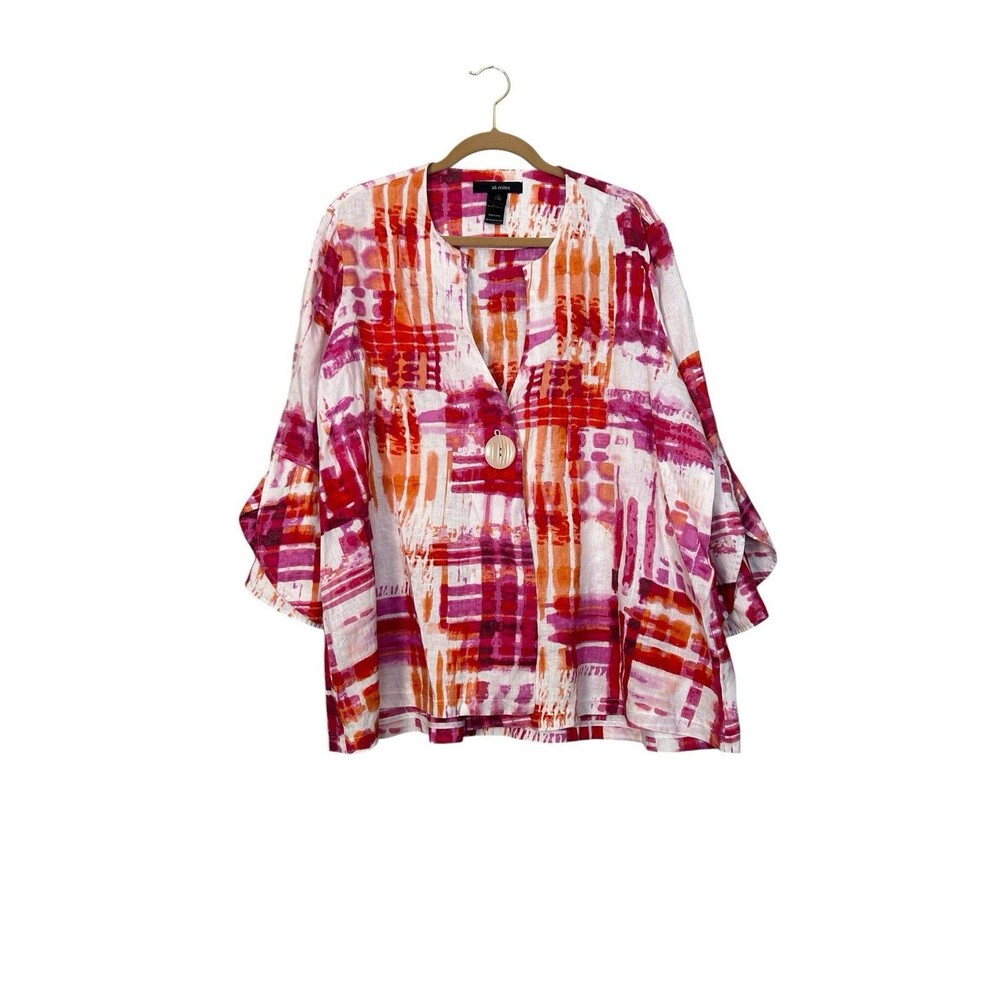 Ali Miles 1X Linen Tunic Top Pink Orange Abstract Artsy Boho Oversized Blouse
